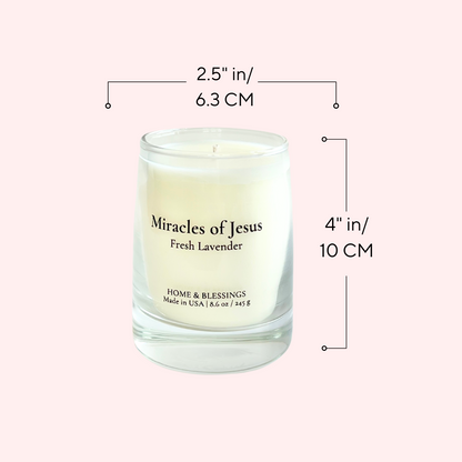 Miracles of Jesus, Fresh Lavender infused with essential oils, Coconut Soy Wax Candle for home | 8.6 oz reusable clear glass jar, religious gift candle, Made in the USA