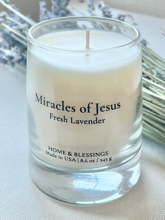 Miracles of Jesus, Fresh Lavender infused with essential oils, Coconut Soy Wax Candle for home | 8.6 oz reusable clear glass jar, religious gift candle, Made in the USA